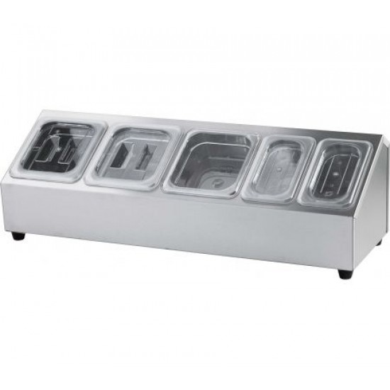 Stand inox, condimente, fructe, 5 GN-uri, 2xGN1/9, 3x1/6-150 mm Stand inox, condimente, fructe, 5 GN-uri, 2xGN1/9, 3x1/6-150 mm