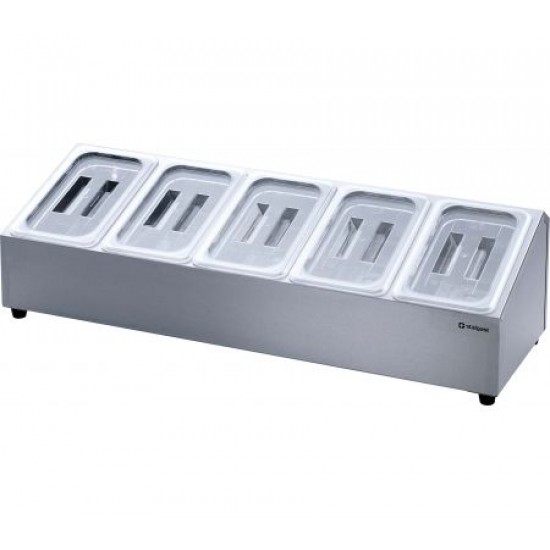 Stand inox, condimente, fructe, legume, 5 GN-uri, 1/4-150 mm Stand inox, condimente, fructe, legume, 5 GN-uri, 1/4-150 mm